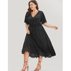 NWT Bloomchic Black Laser Cut Shirred Wrap Scalloped Flutter Dress Size 14-16/1X